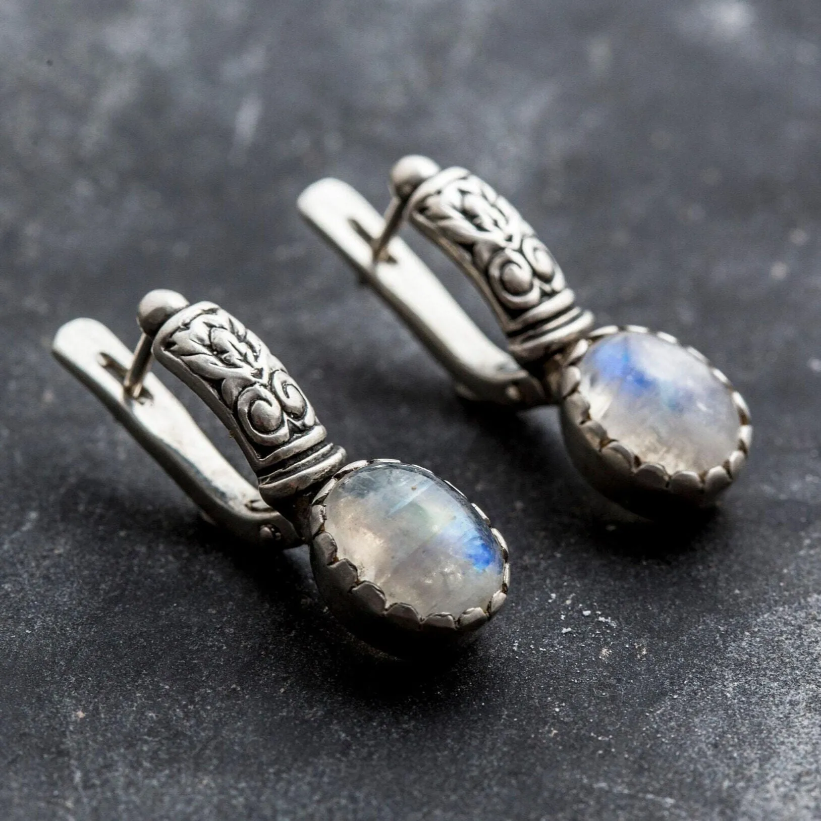 Moonstone Earrings - Tribal Drop Earrings - White Oval Earrings