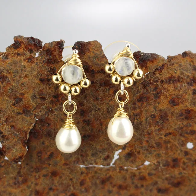 Moonstone Pearl Spring Stud Earrings