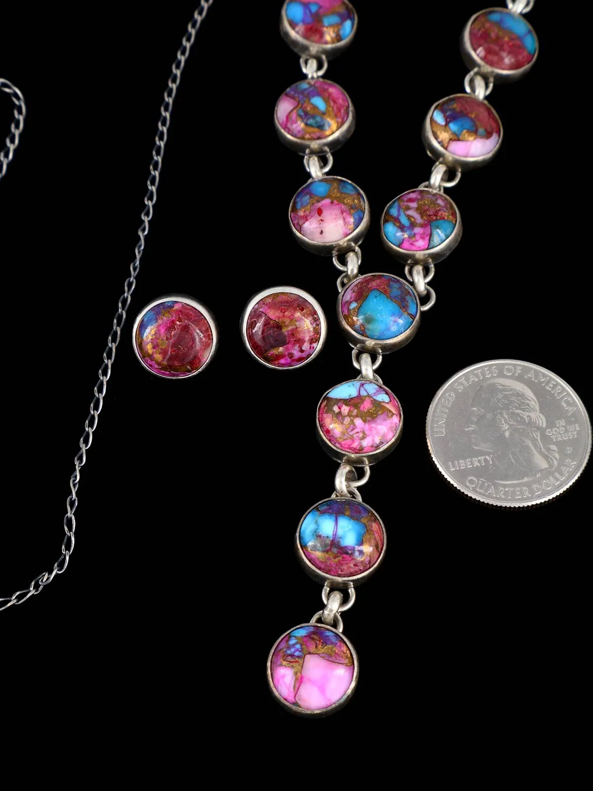 Native American Spiny Oyster Sterling Silver Lariat Necklace and Earring Set