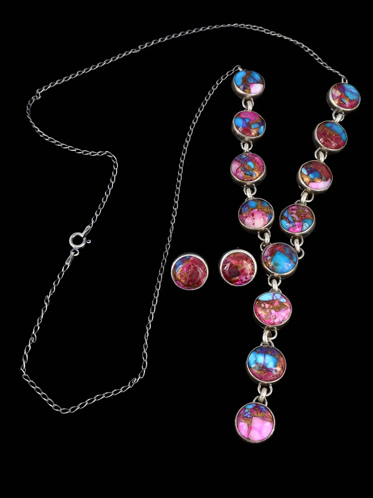 Native American Spiny Oyster Sterling Silver Lariat Necklace and Earring Set