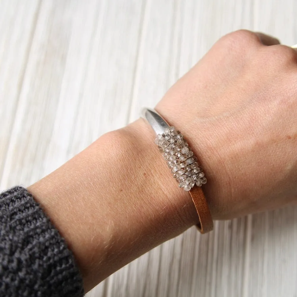 Natural Zircon Hand Stitched Leather 1/2 Cuff
