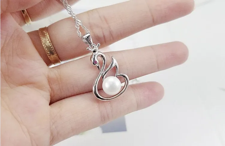Necklace Pendant Blank Setting Swan Charm 30mm Sterling Silver White Gold Fine 925 For One Pearl Prong DIY Jewelry Finding Wholesale 1pc