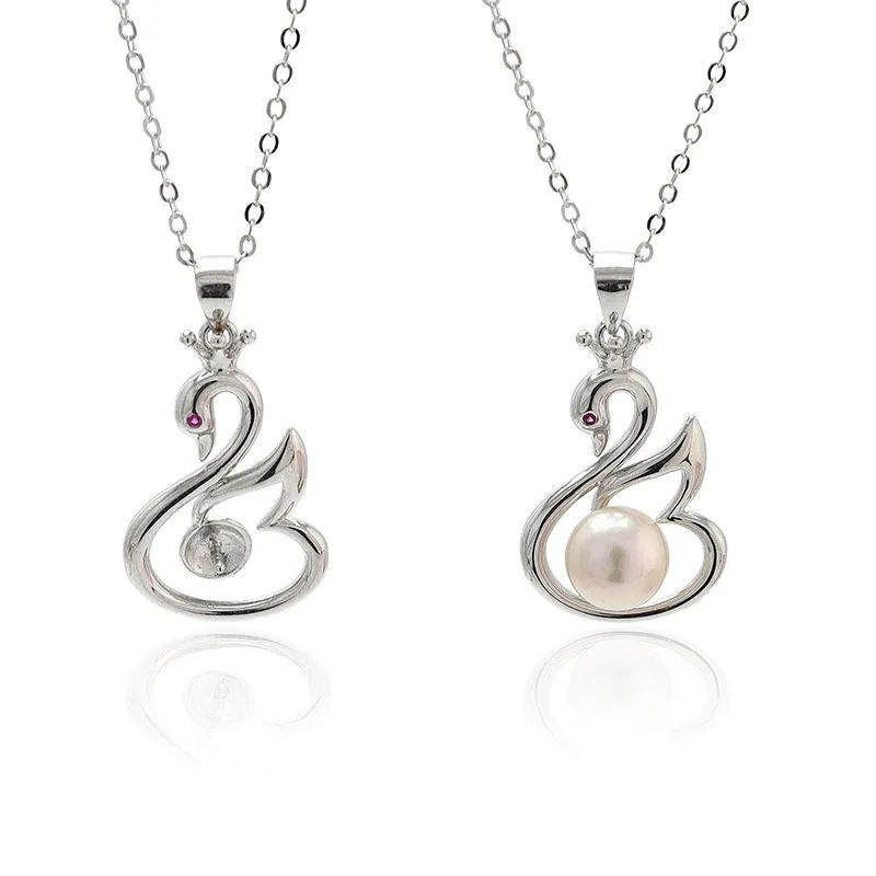 Necklace Pendant Blank Setting Swan Charm 30mm Sterling Silver White Gold Fine 925 For One Pearl Prong DIY Jewelry Finding Wholesale 1pc