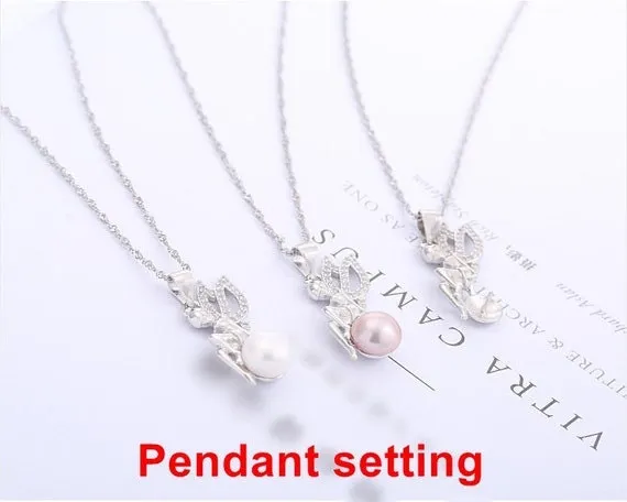 Necklace Pendant Setting Blank 8mm 1pc 1.7g 925 Sterling Silver Wings Fairy Shape Base for 1 Pearl Bead CZ Semi Mount Wholesale Available