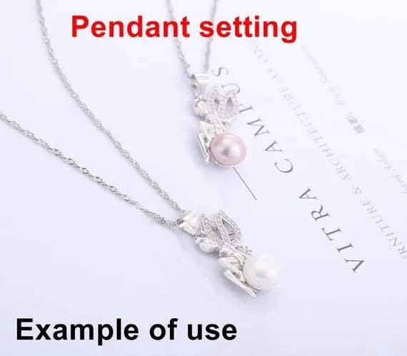 Necklace Pendant Setting Blank 8mm 1pc 1.7g 925 Sterling Silver Wings Fairy Shape Base for 1 Pearl Bead CZ Semi Mount Wholesale Available