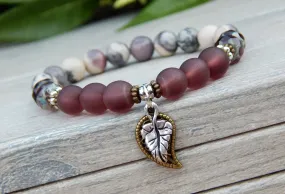 Plum and Gray Beaded Bracelet with Leaf Charms