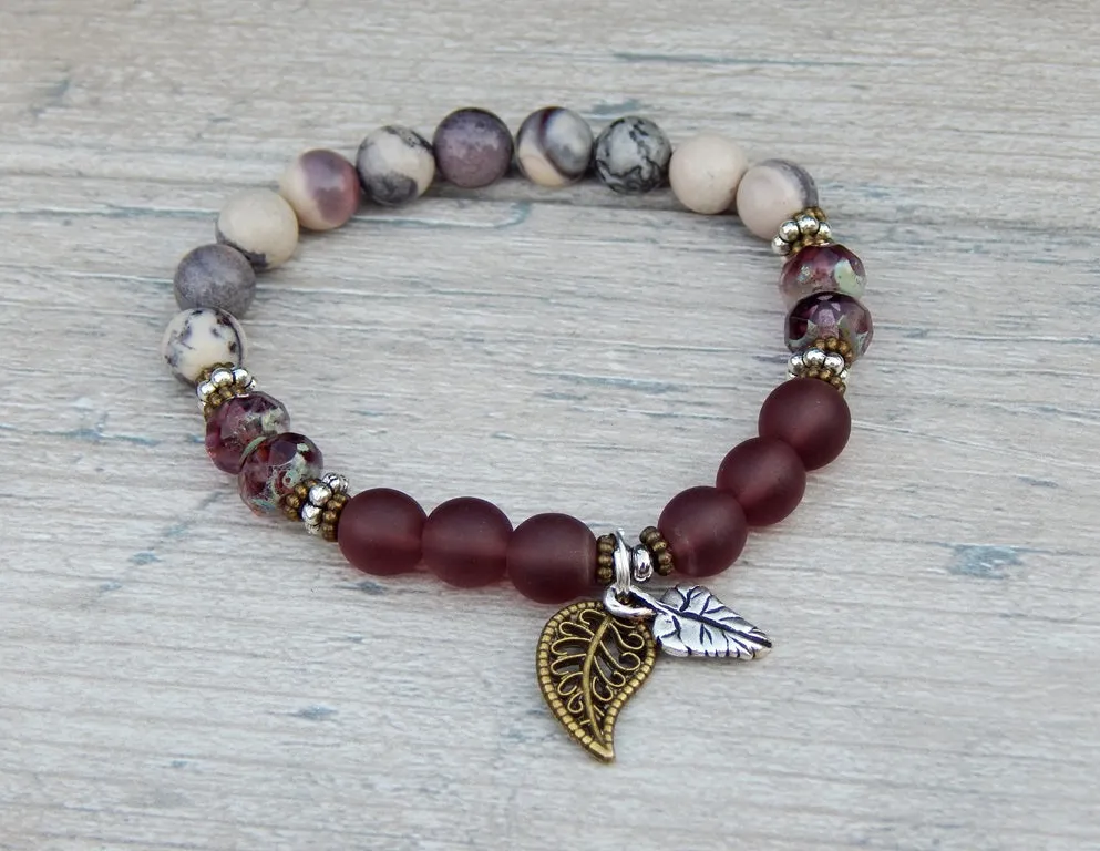 Plum and Gray Beaded Bracelet with Leaf Charms