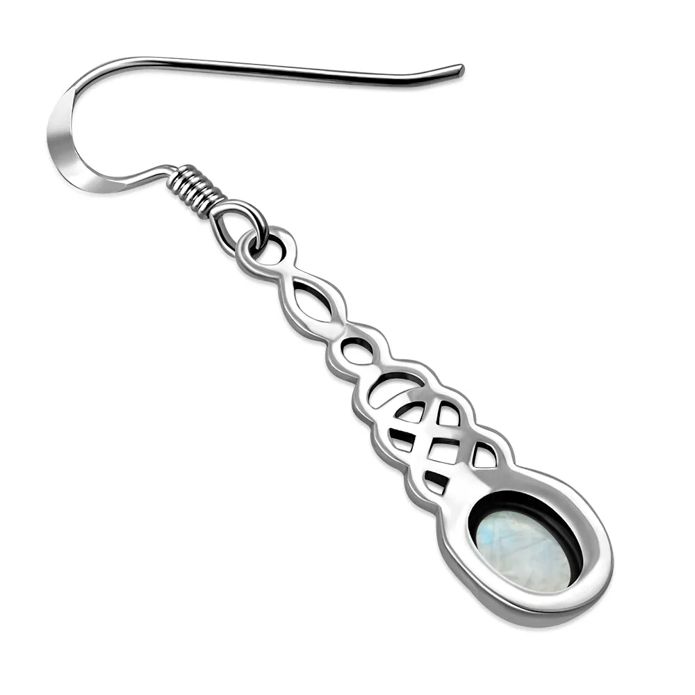 Rainbow Moonstone Long Celtic Silver Earrings
