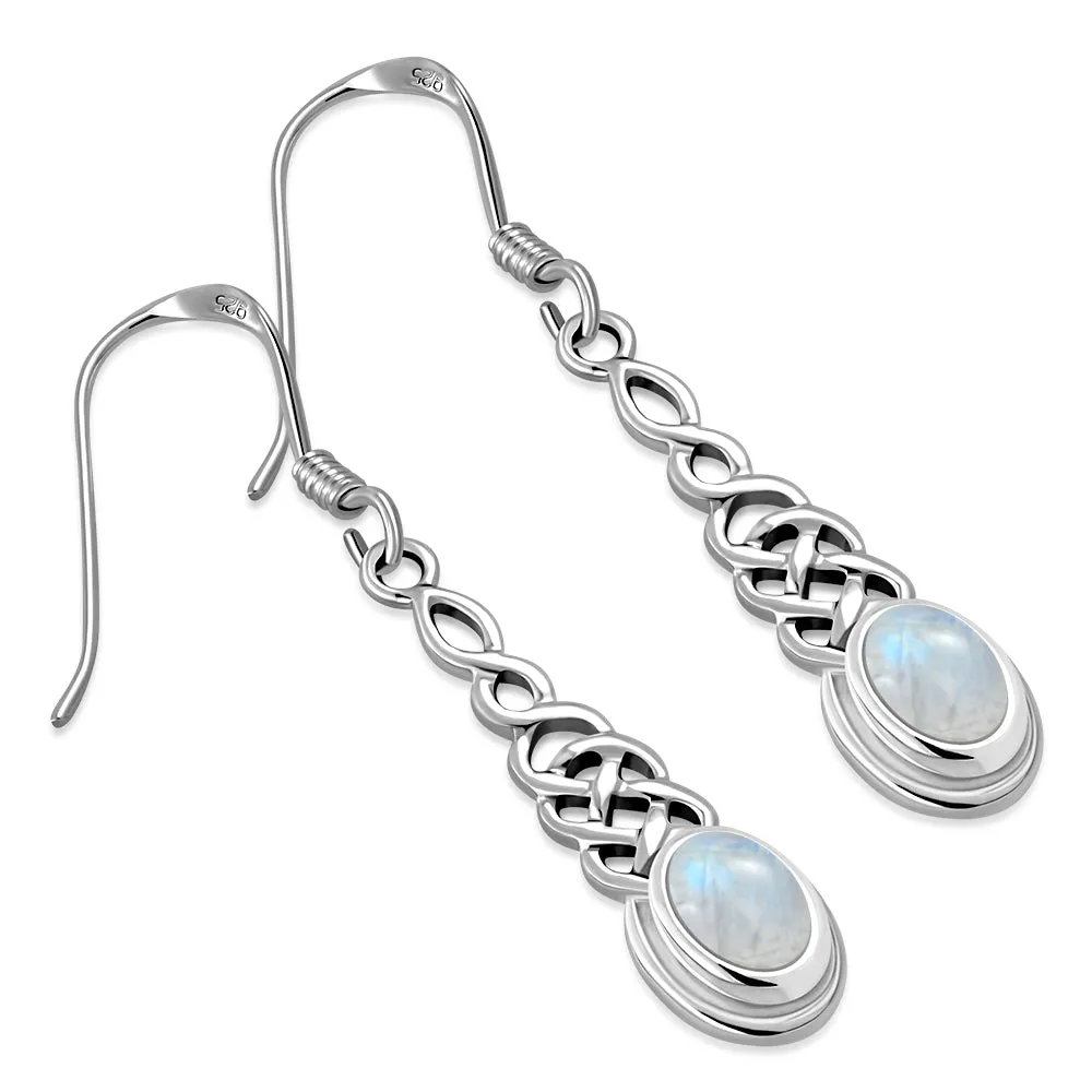 Rainbow Moonstone Long Celtic Silver Earrings