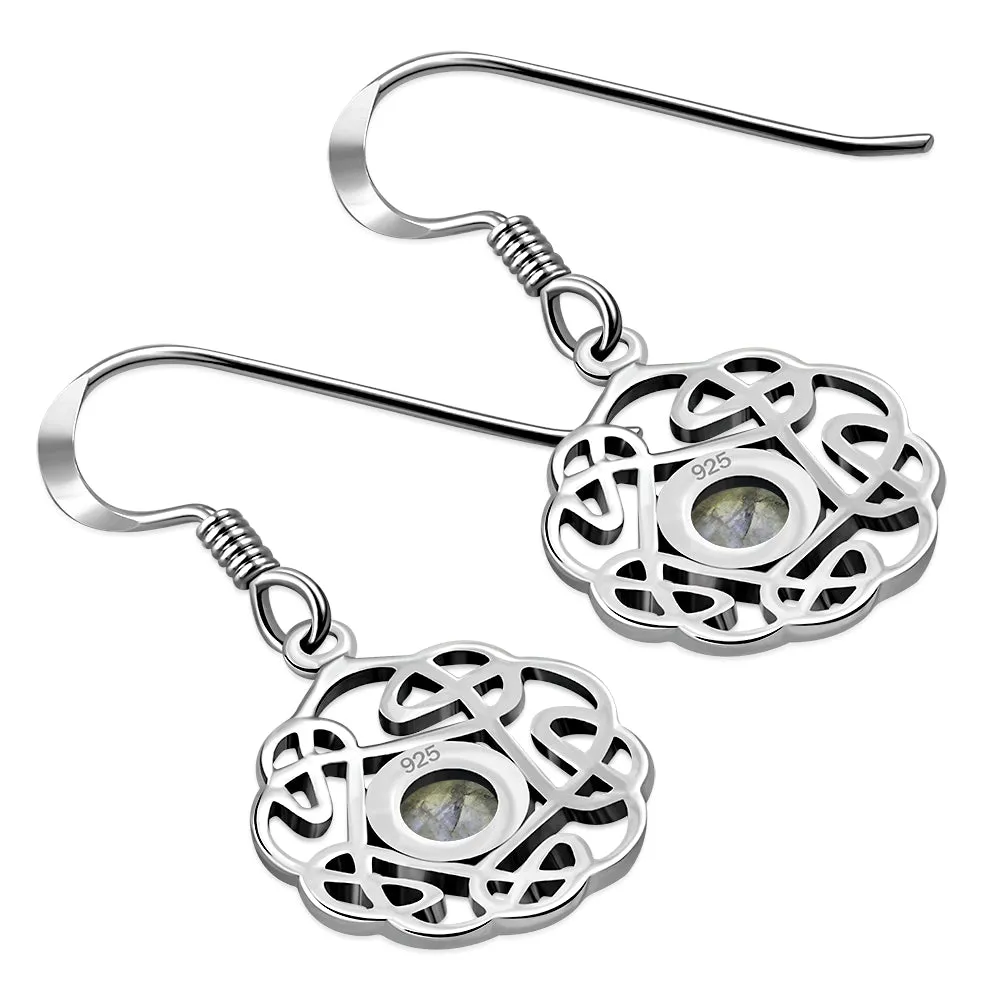 Rainbow Moonstone Round Celtic Knot Silver Earrings