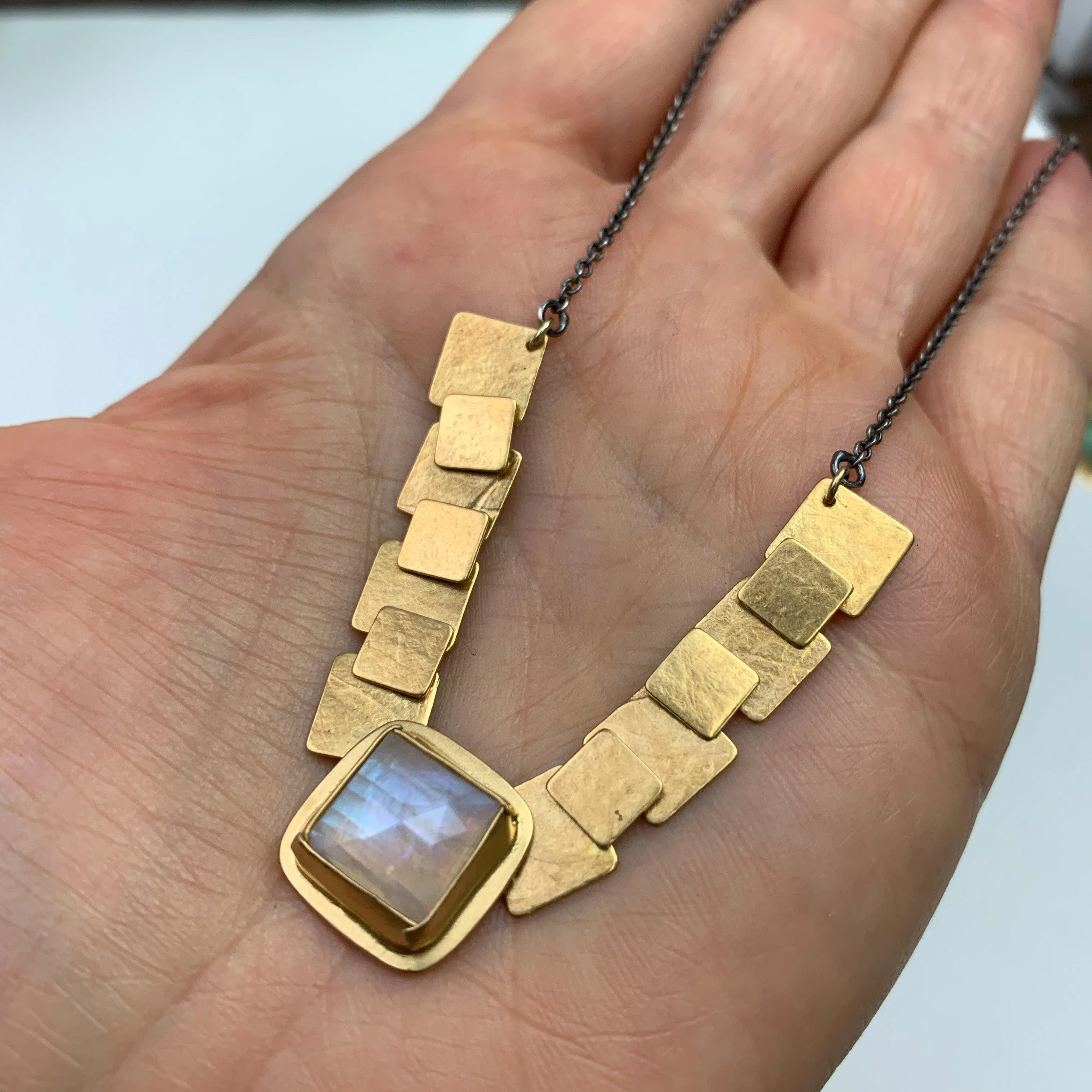 Rainbow Moonstone Square Pivot Necklace and Earrings