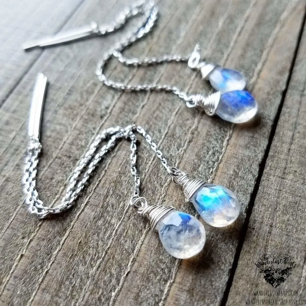 Rainbow moonstone threader earrings