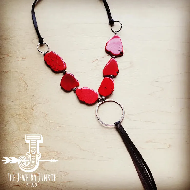 **Red Turquoise Slab Necklace with Genuine Long Leather Tassel 252u