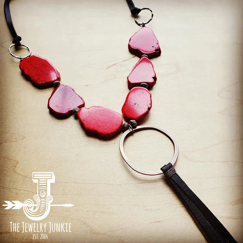 **Red Turquoise Slab Necklace with Genuine Long Leather Tassel 252u
