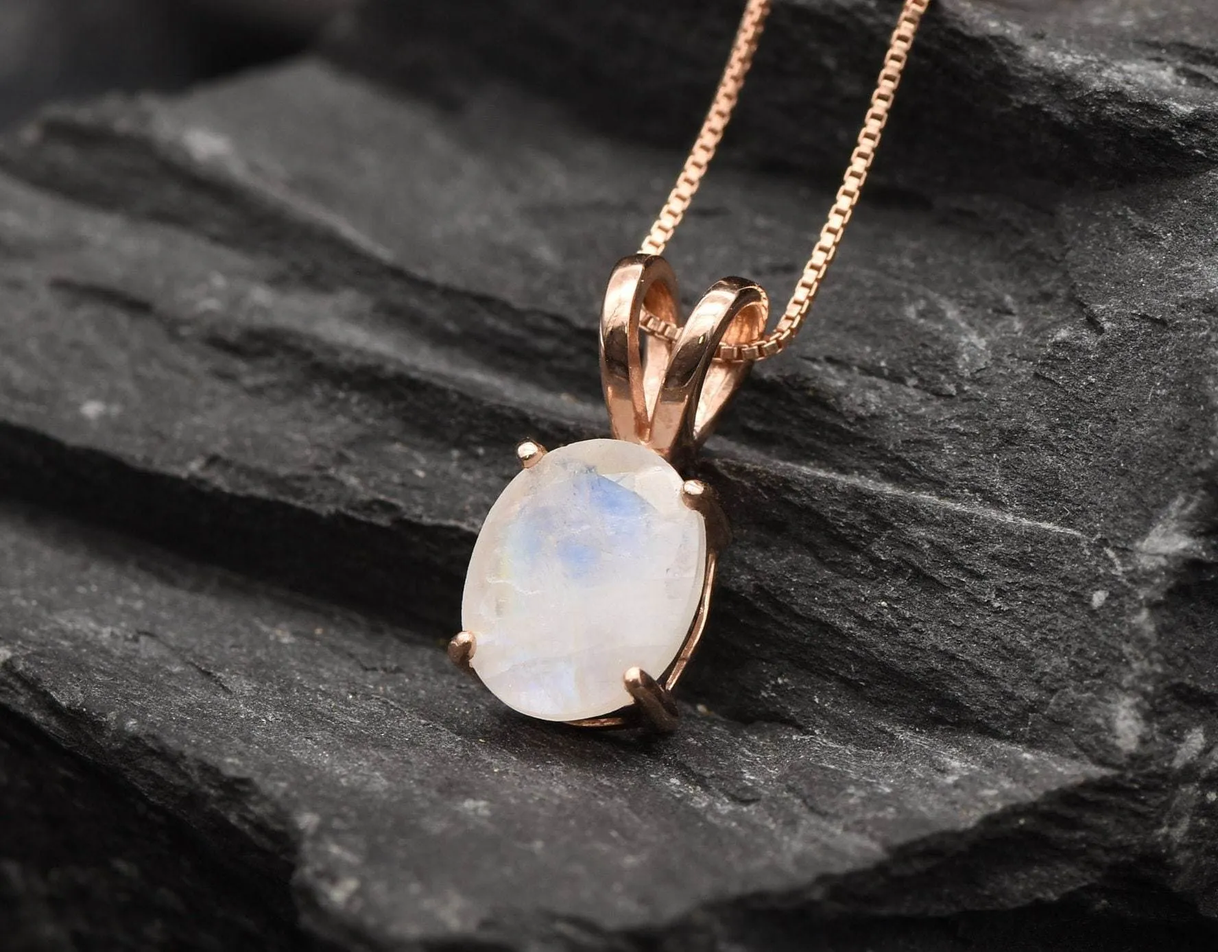 Rose Gold Moonstone Pendant - Silver Moonstone Necklace - White Solitaire Necklace