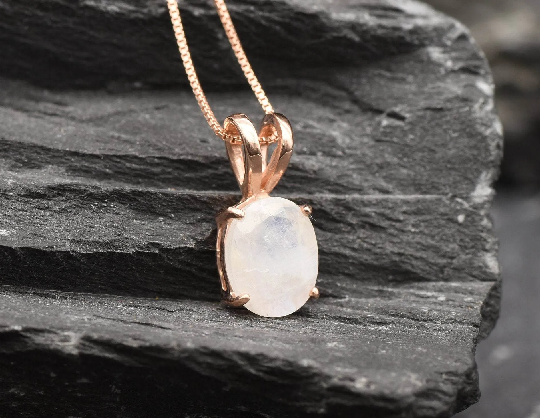 Rose Gold Moonstone Pendant - Silver Moonstone Necklace - White Solitaire Necklace