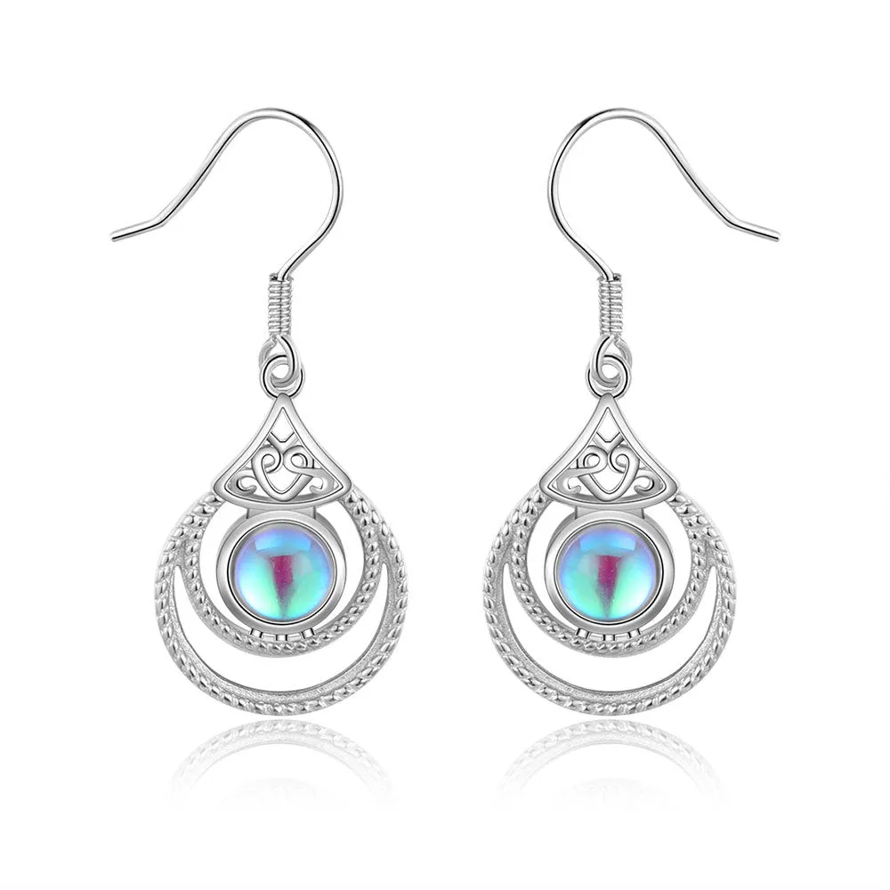 Round Moon Stone Bohemian Style Pendant Sterling Silver Earrings
