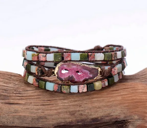 SALE - Natural Pink Druzy Crystal Stone Beaded Wrap Bracelet