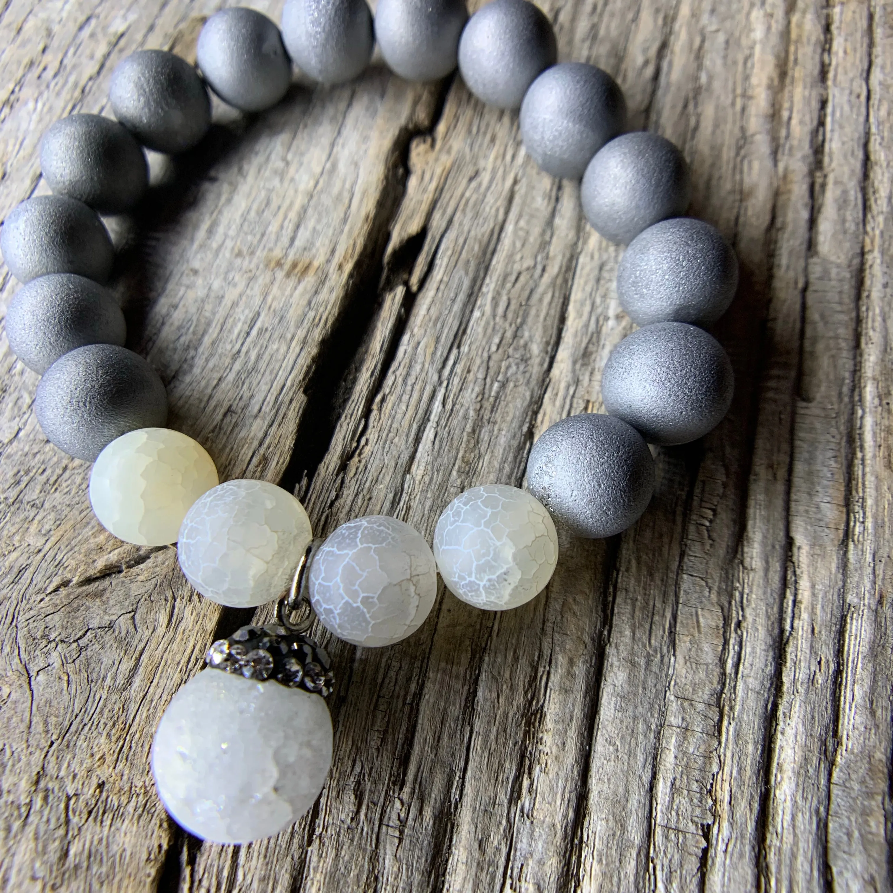 Silver Iris Agate Druzy & White Crackle Agate Beaded Bracelet with Large Agate Druzy Charm