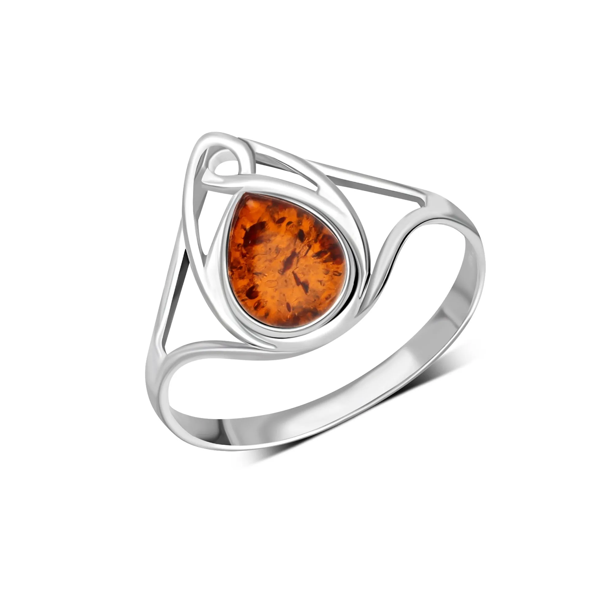 Sterling Silver Amber Celtic Teardrop Ring