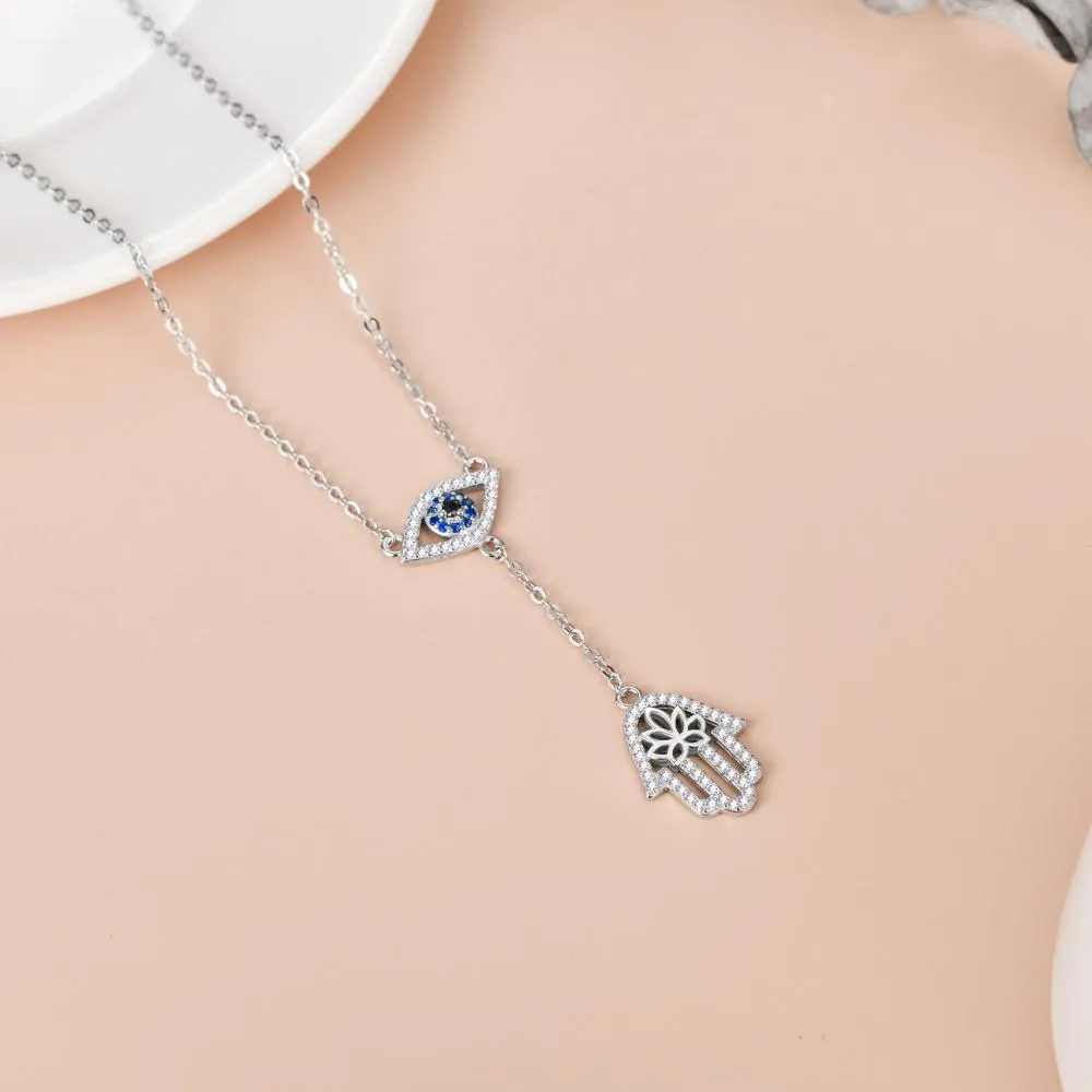 Sterling Silver Hand Evil Eye Pendant With Cubic Zirconia Protection Amulet Necklace
