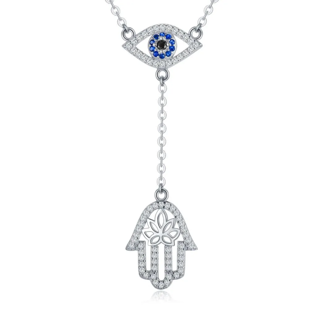 Sterling Silver Hand Evil Eye Pendant With Cubic Zirconia Protection Amulet Necklace