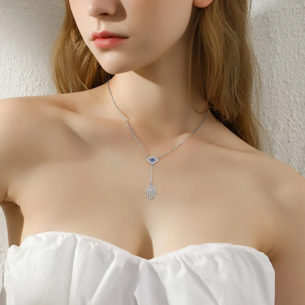 Sterling Silver Hand Evil Eye Pendant With Cubic Zirconia Protection Amulet Necklace