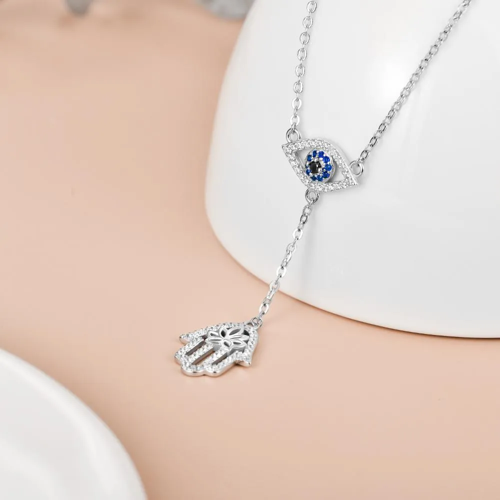Sterling Silver Hand Evil Eye Pendant With Cubic Zirconia Protection Amulet Necklace