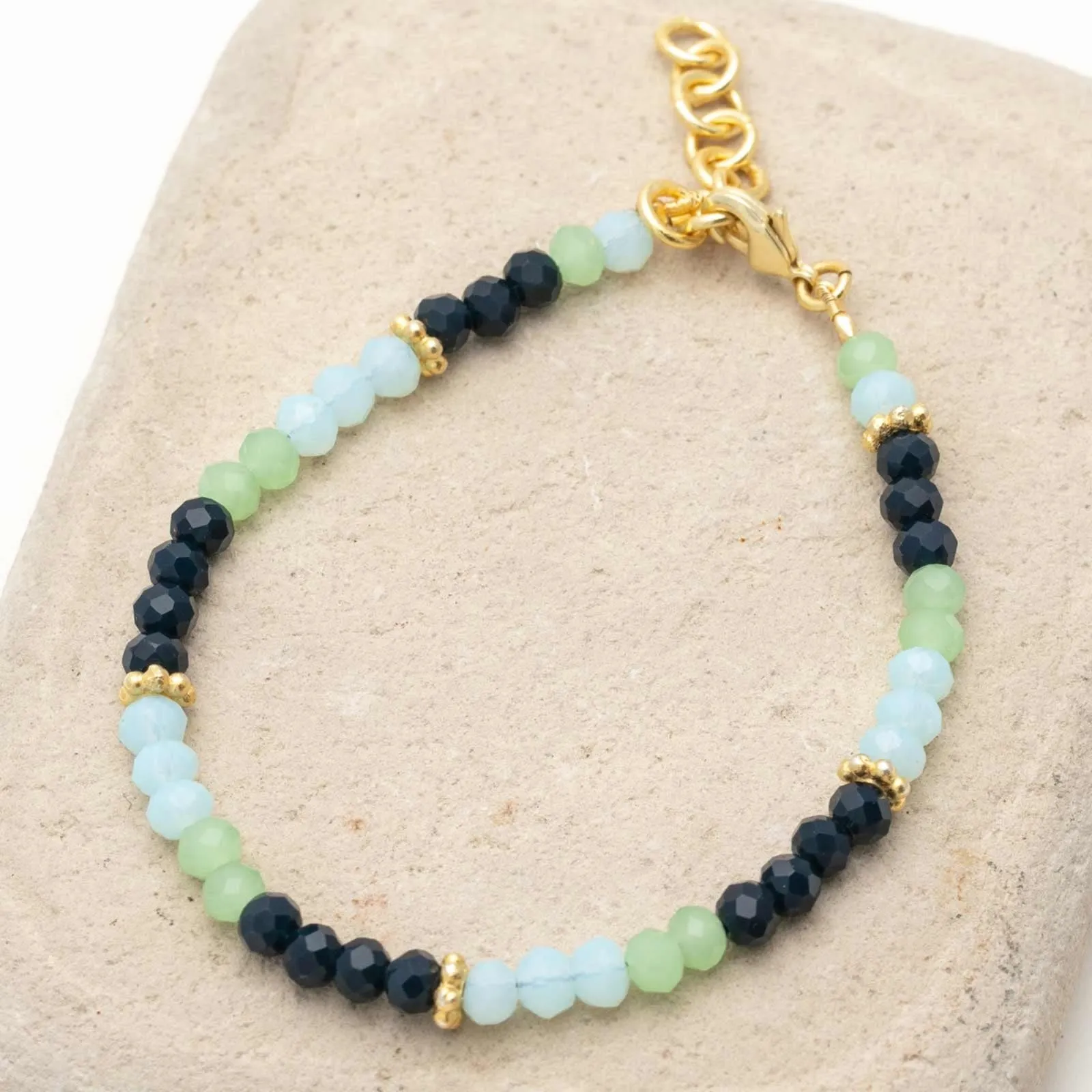 Tri Color Beaded Bracelet With Blue And Green Chalcedony Lapiz And 18K Gold Plated Extender Chain