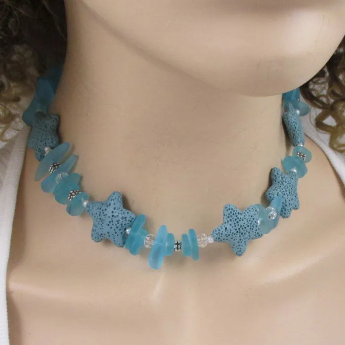 Turquoise Bay Sea Glass & Lava Starfish Necklace & Earrings