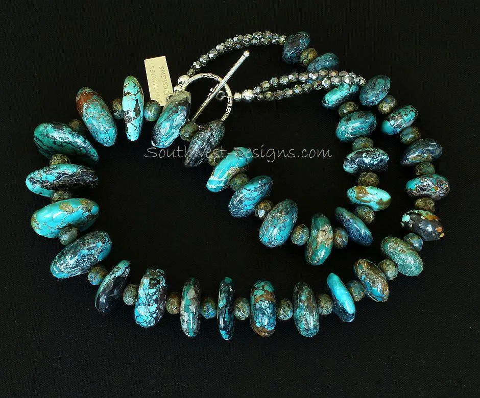 Turquoise Graduated Rondelle Bead Necklace with Czech Luster Glass, Fire Polished Glass and Sterling Silver