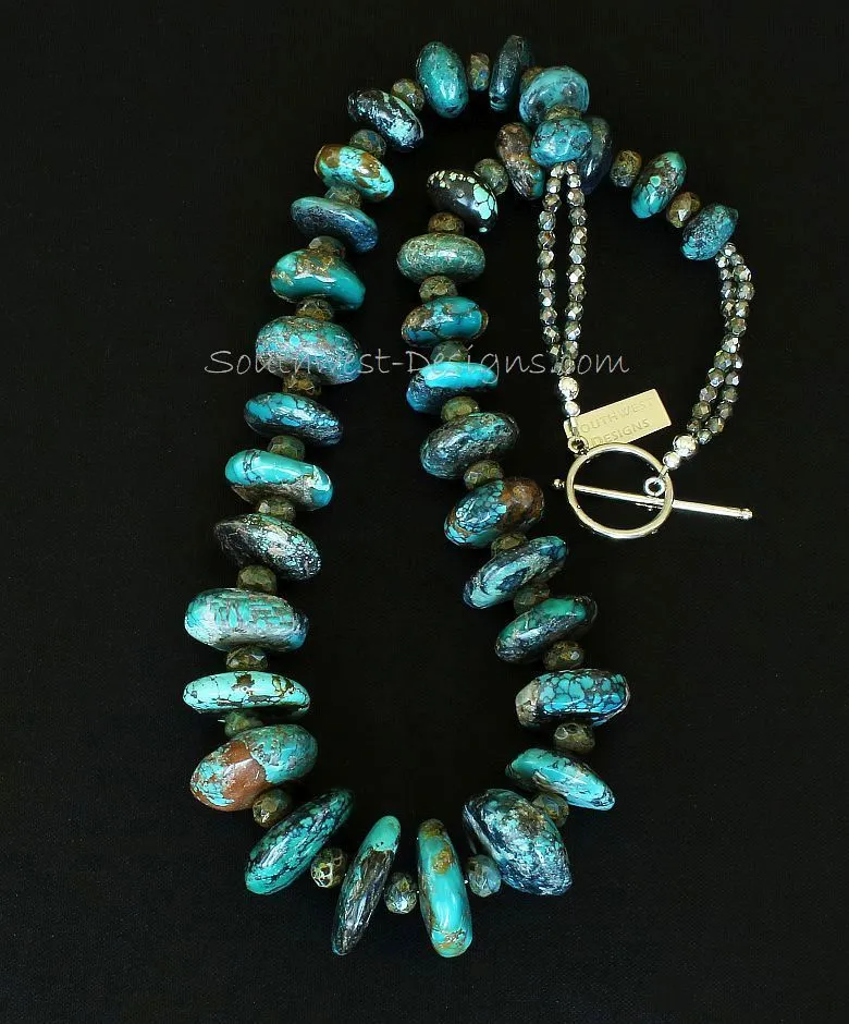 Turquoise Graduated Rondelle Bead Necklace with Czech Luster Glass, Fire Polished Glass and Sterling Silver
