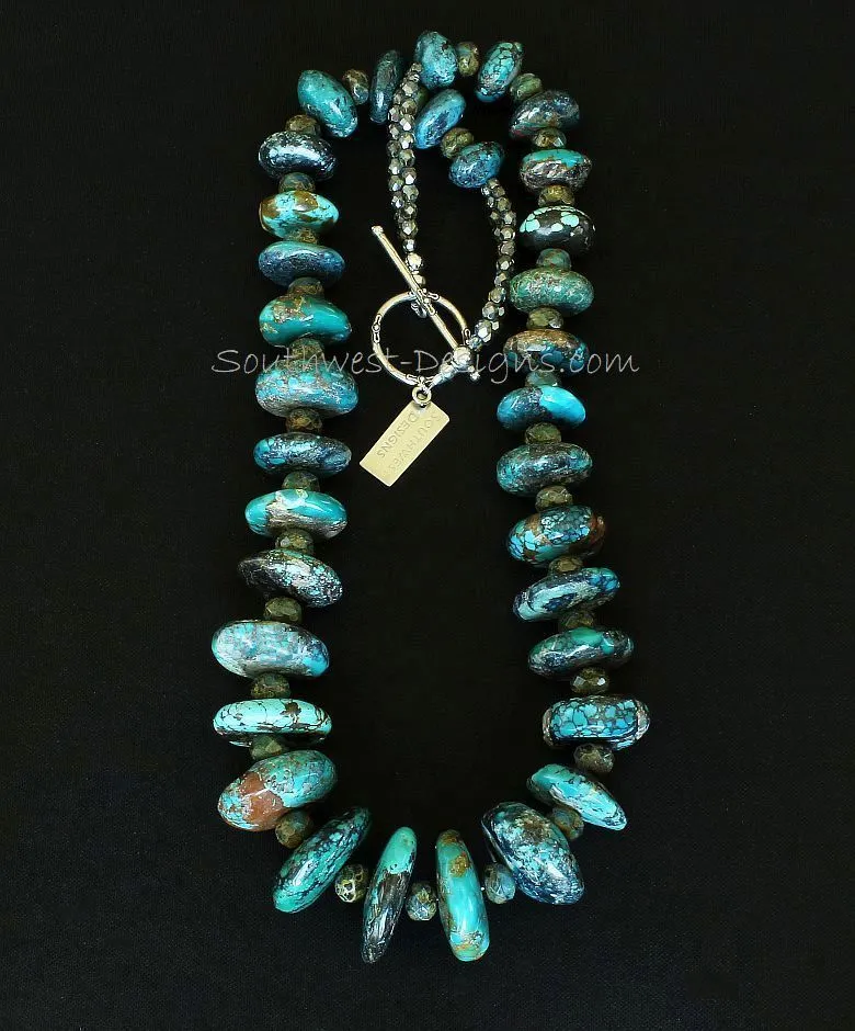 Turquoise Graduated Rondelle Bead Necklace with Czech Luster Glass, Fire Polished Glass and Sterling Silver