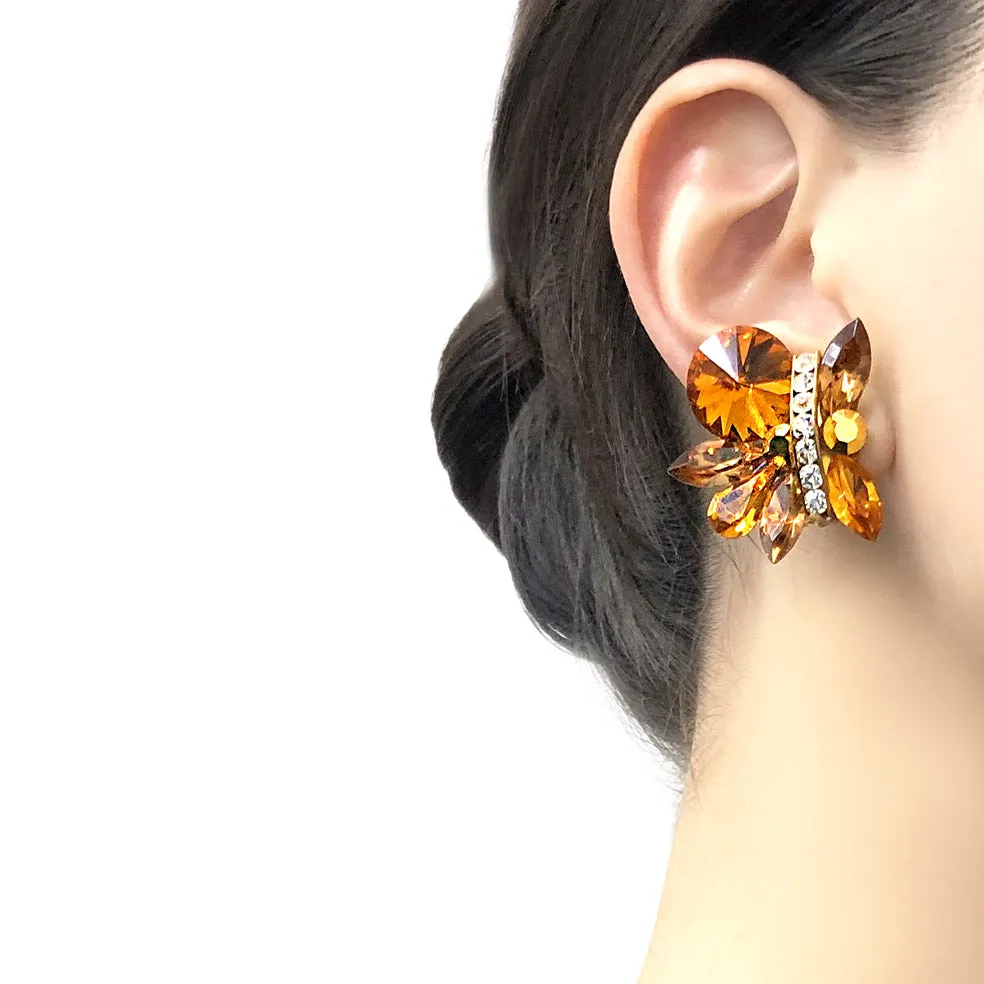 【USA輸入】ヴィンテージ アンバーオレンジ ラインストーン イヤリング/Vintage Amber Orange Rhinestones Clip On Earrings