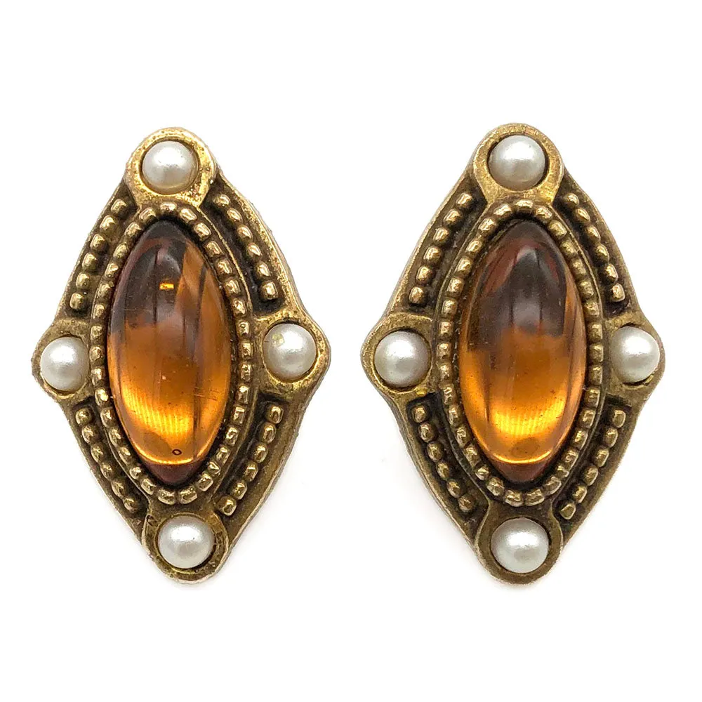 【USA輸入】ヴィンテージ アンバー パール カボション ピアス/Vintage Amber Pearl Cabochon Post Earrings