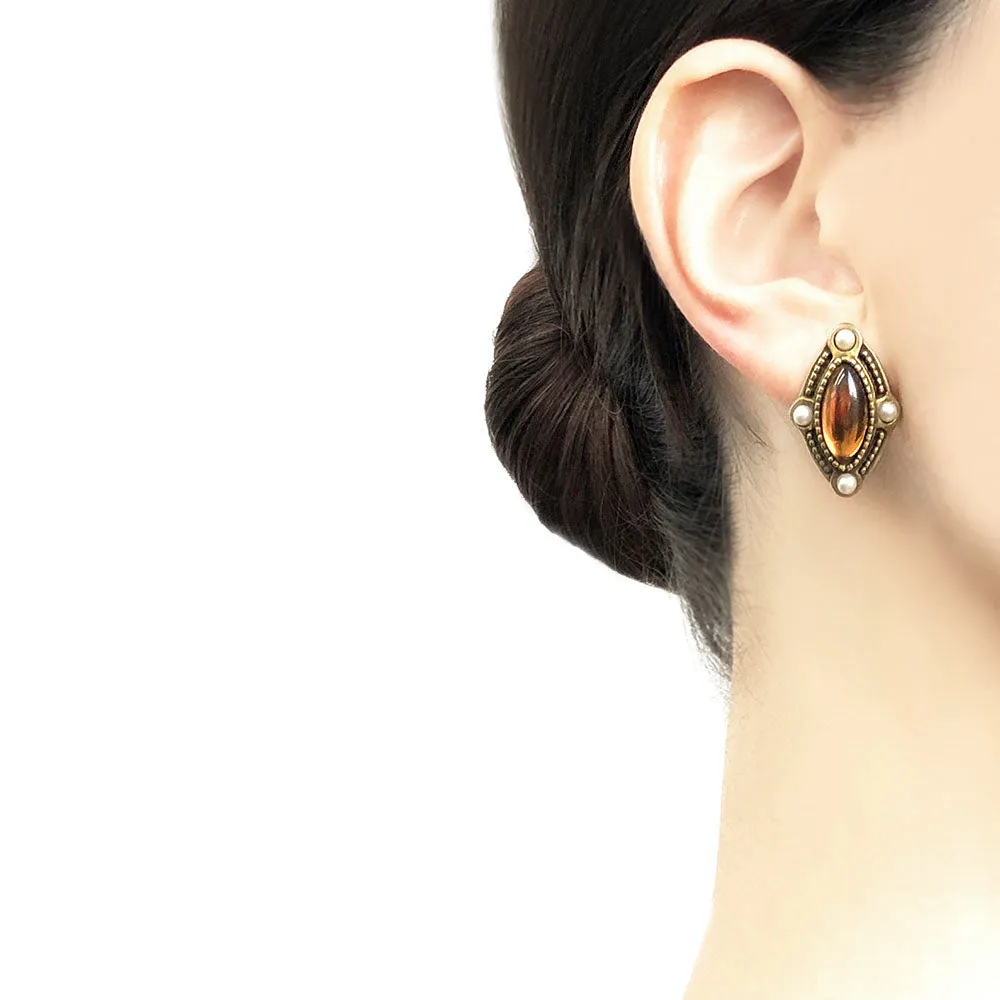 【USA輸入】ヴィンテージ アンバー パール カボション ピアス/Vintage Amber Pearl Cabochon Post Earrings