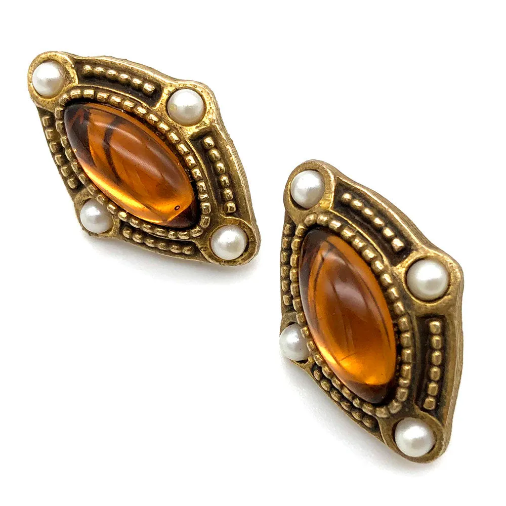 【USA輸入】ヴィンテージ アンバー パール カボション ピアス/Vintage Amber Pearl Cabochon Post Earrings