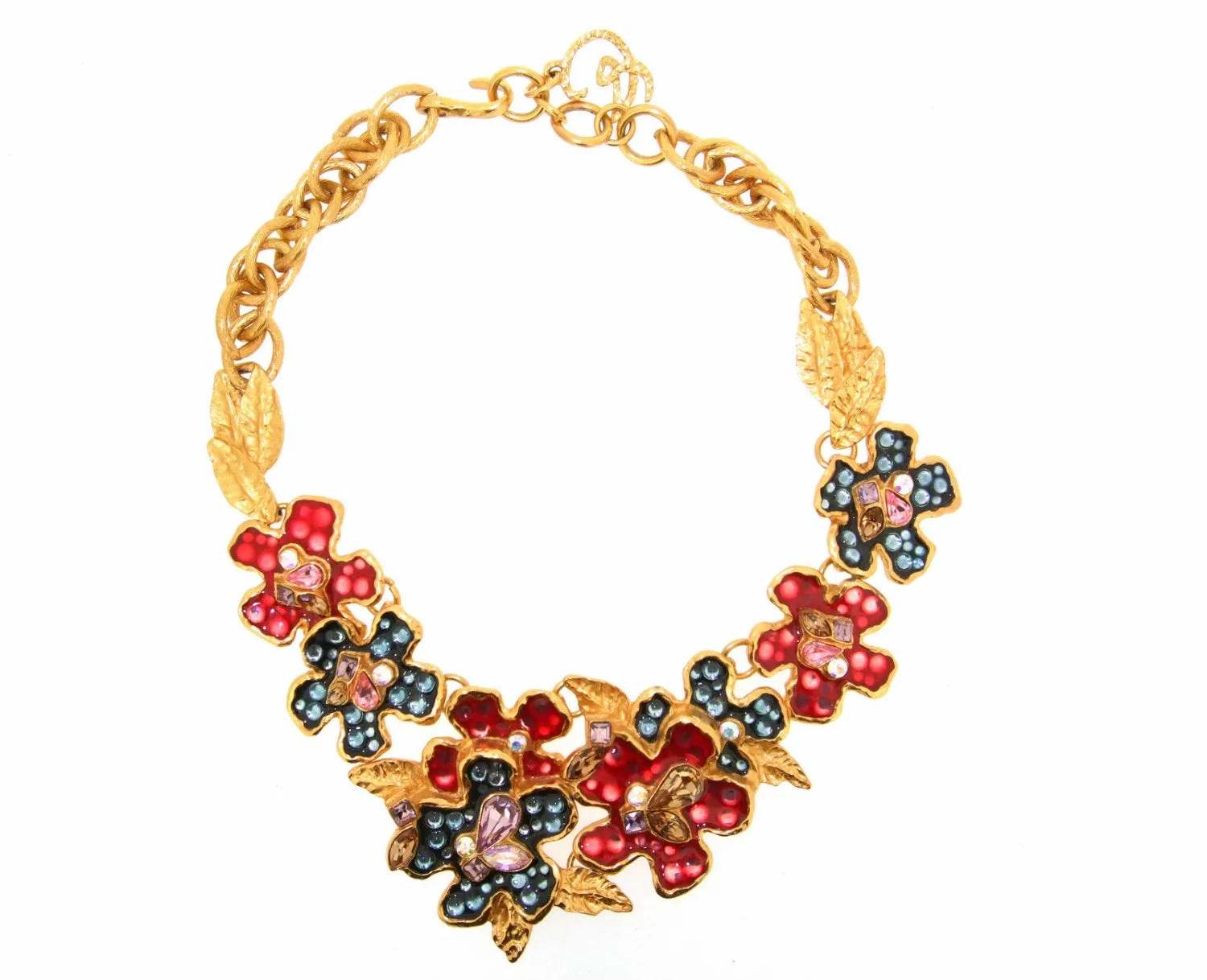 Vintage Christian Lacroix Statement Floral Necklace Enamel Crystal
