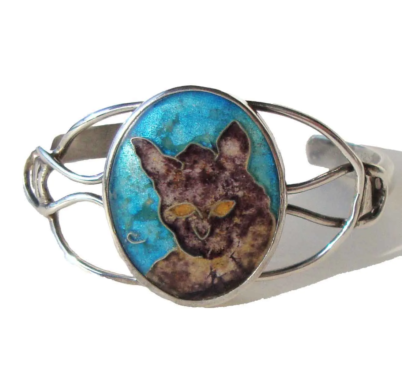 Vintage Enameled Cat Bracelet Sterling Cloisonne Cuff