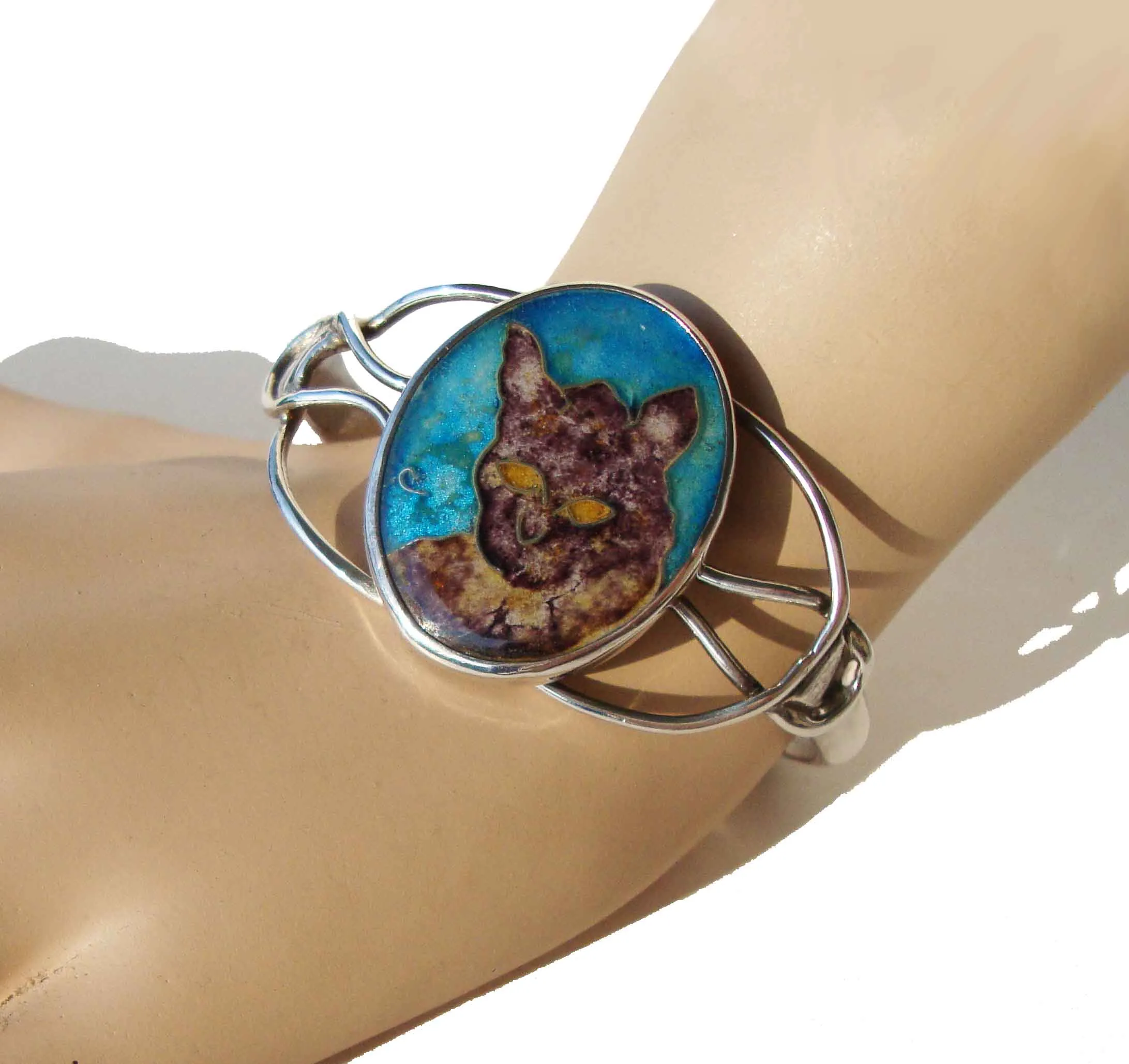 Vintage Enameled Cat Bracelet Sterling Cloisonne Cuff