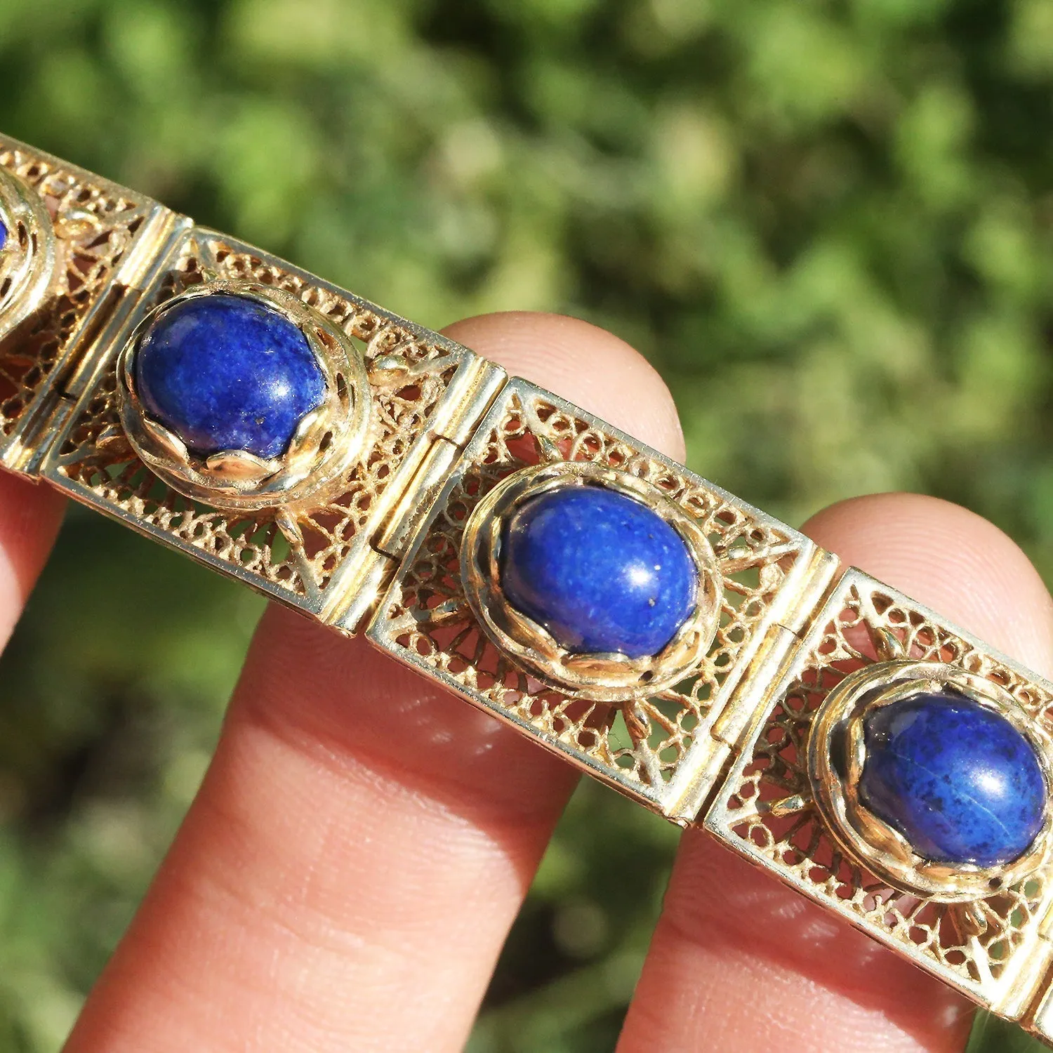 Vintage Lapis Lazuli Filigree Link Bracelet 14K Yellow Gold