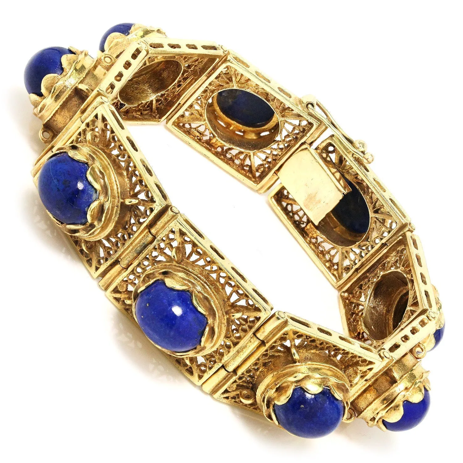 Vintage Lapis Lazuli Filigree Link Bracelet 14K Yellow Gold