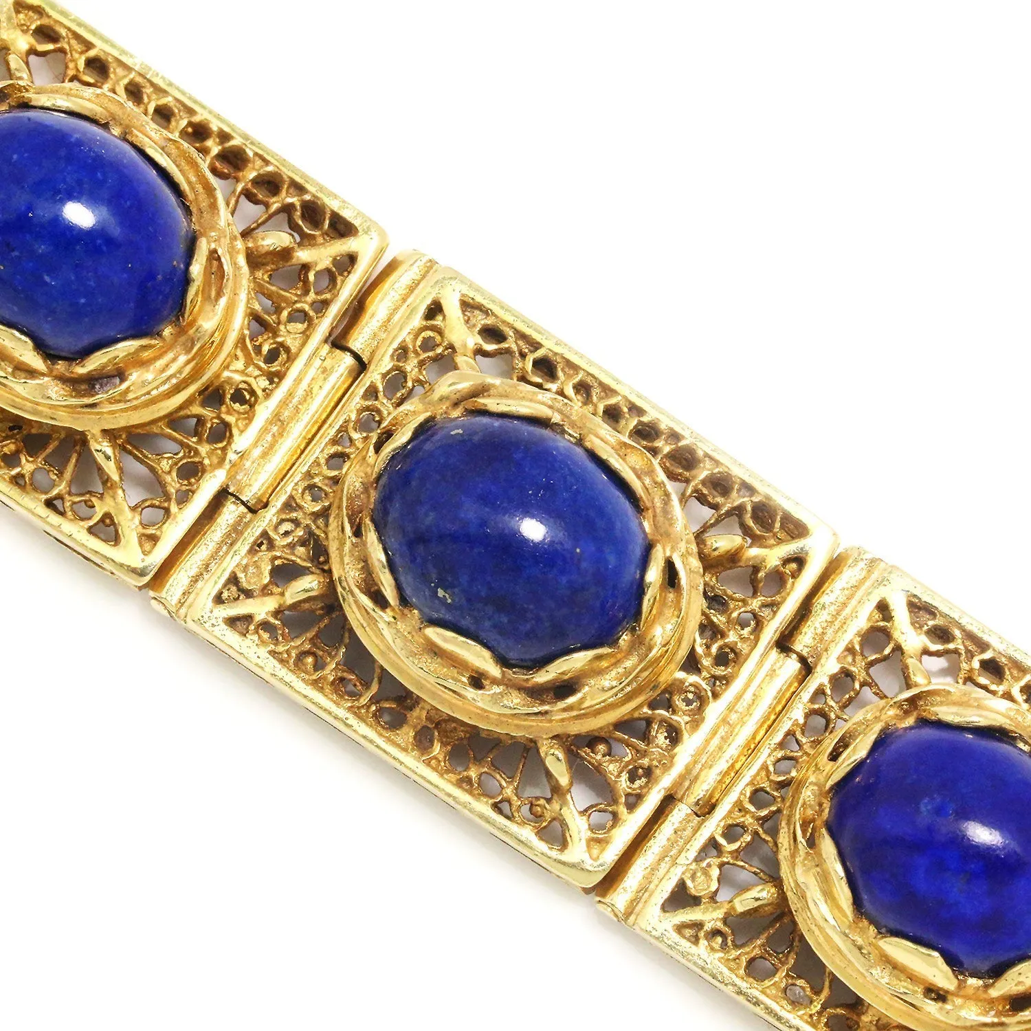 Vintage Lapis Lazuli Filigree Link Bracelet 14K Yellow Gold