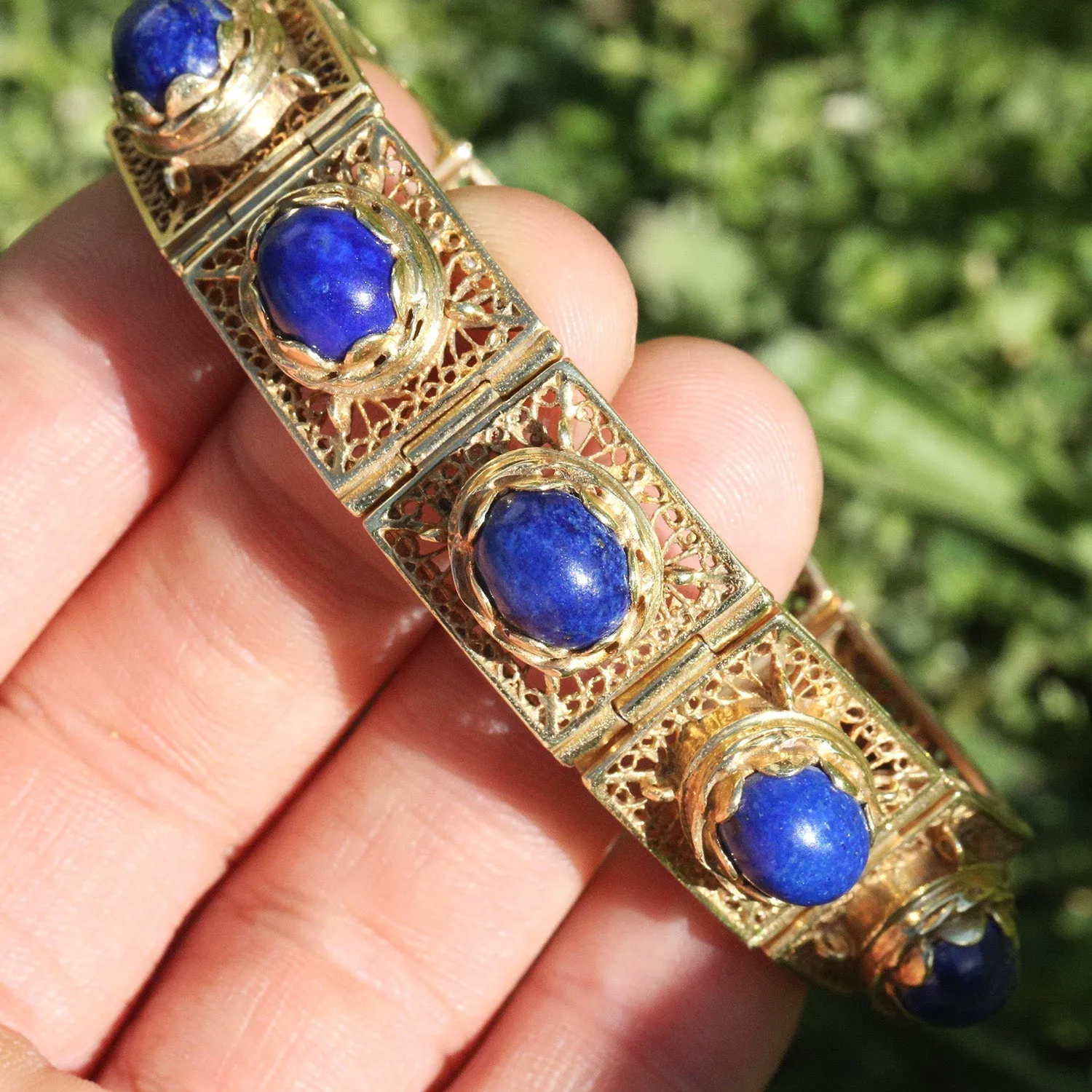 Vintage Lapis Lazuli Filigree Link Bracelet 14K Yellow Gold