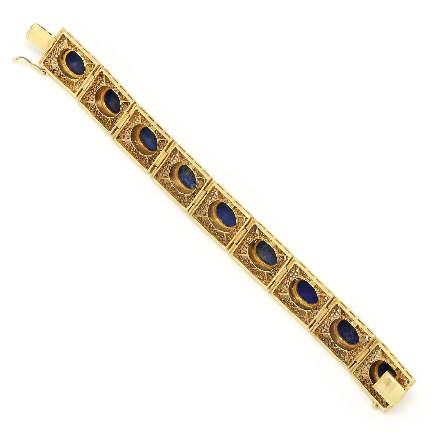Vintage Lapis Lazuli Filigree Link Bracelet 14K Yellow Gold