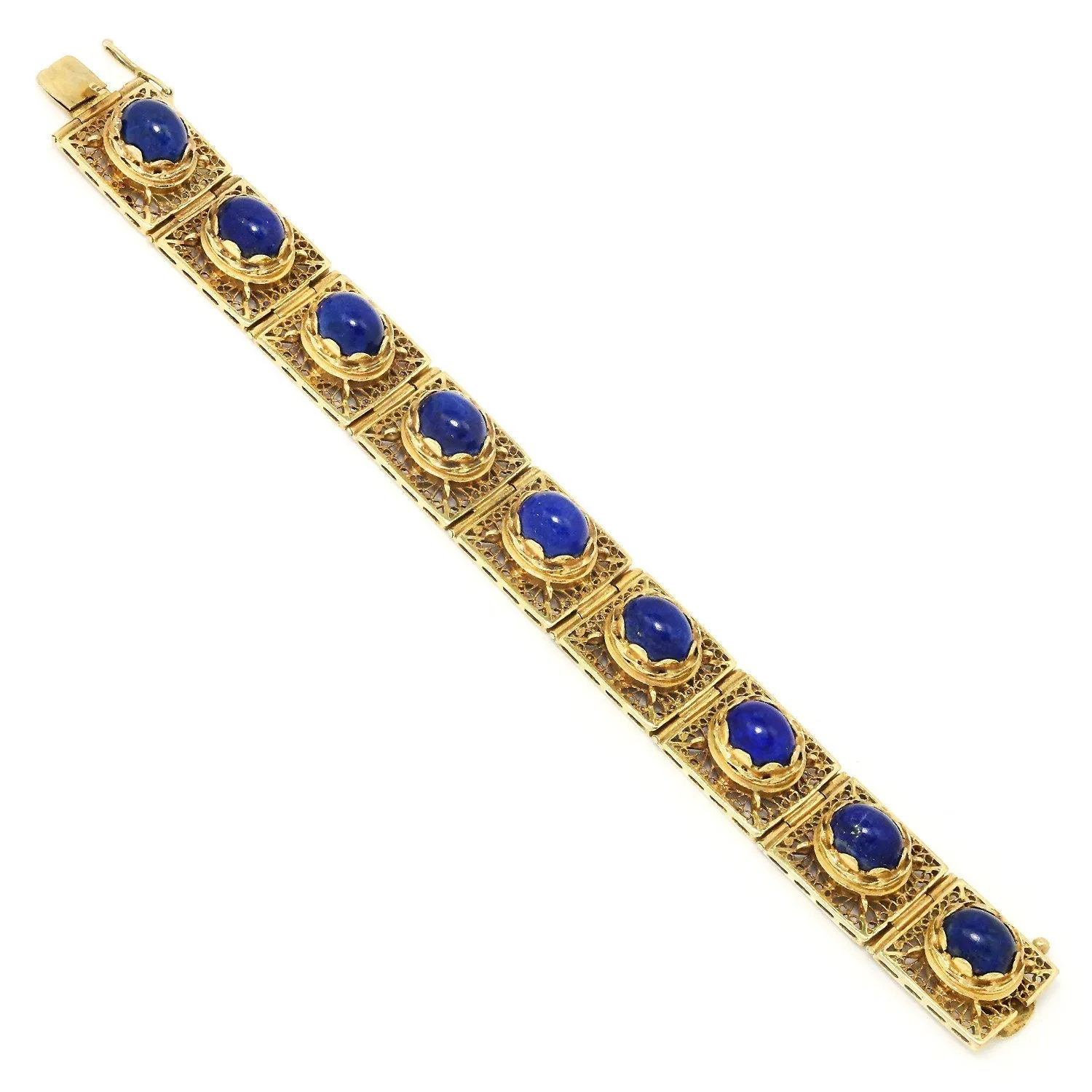 Vintage Lapis Lazuli Filigree Link Bracelet 14K Yellow Gold