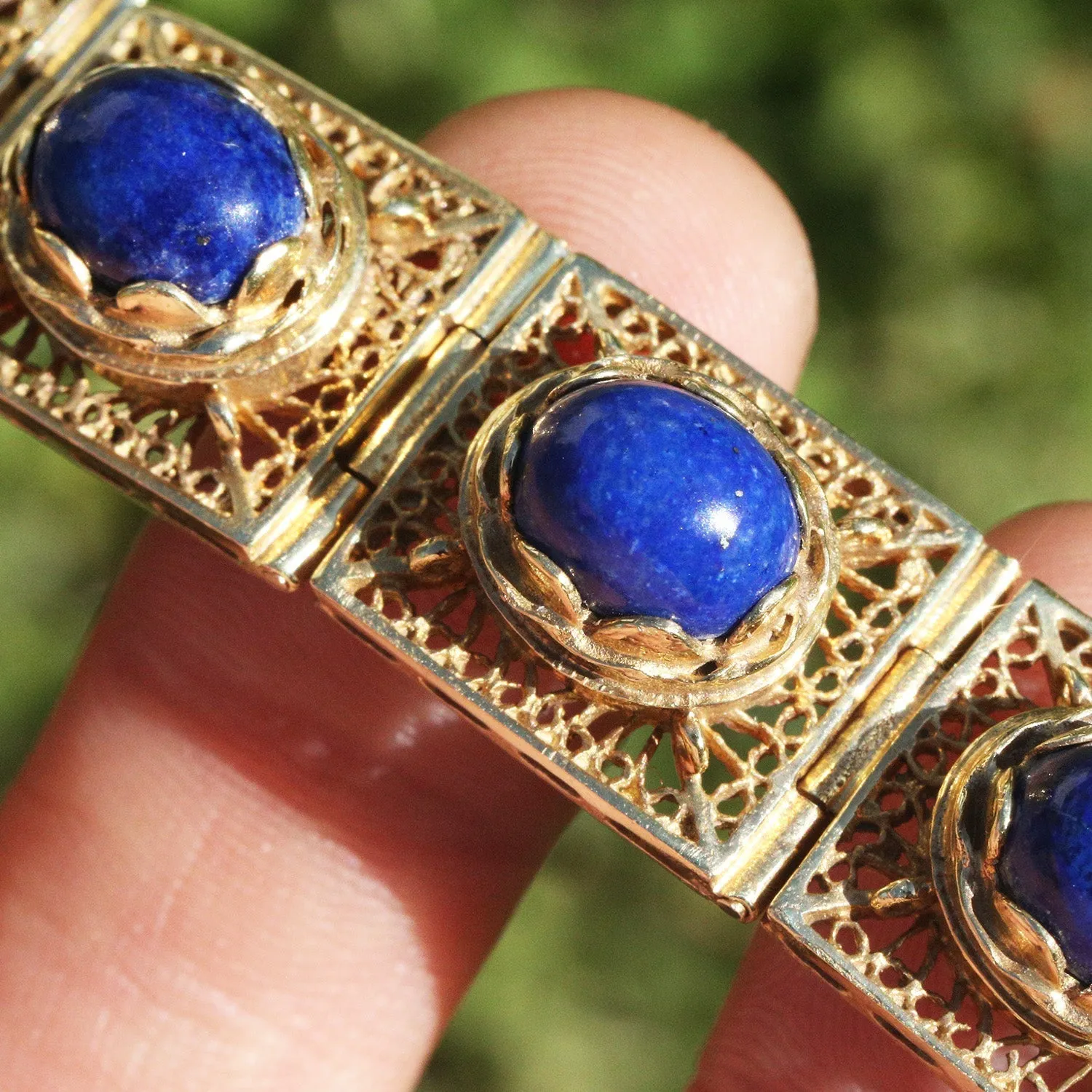 Vintage Lapis Lazuli Filigree Link Bracelet 14K Yellow Gold
