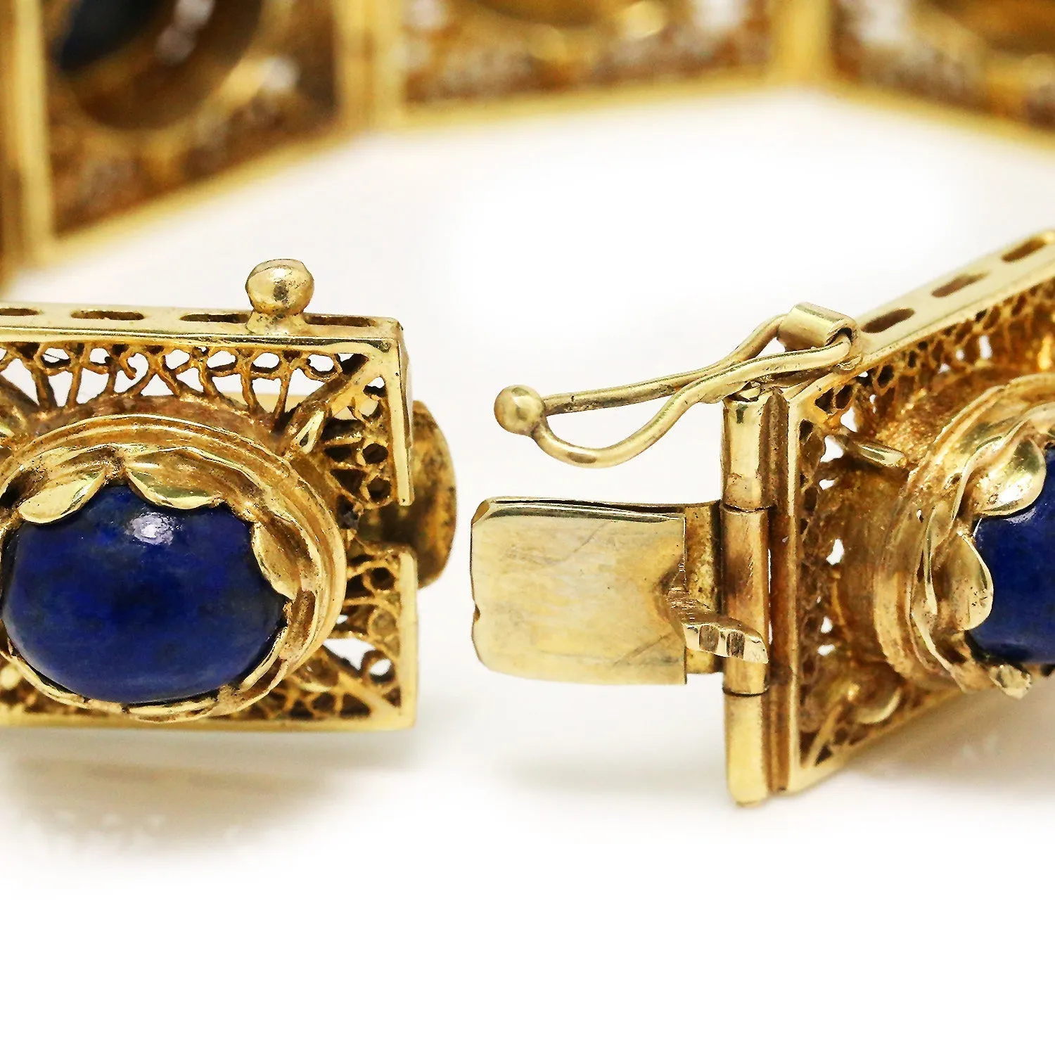 Vintage Lapis Lazuli Filigree Link Bracelet 14K Yellow Gold