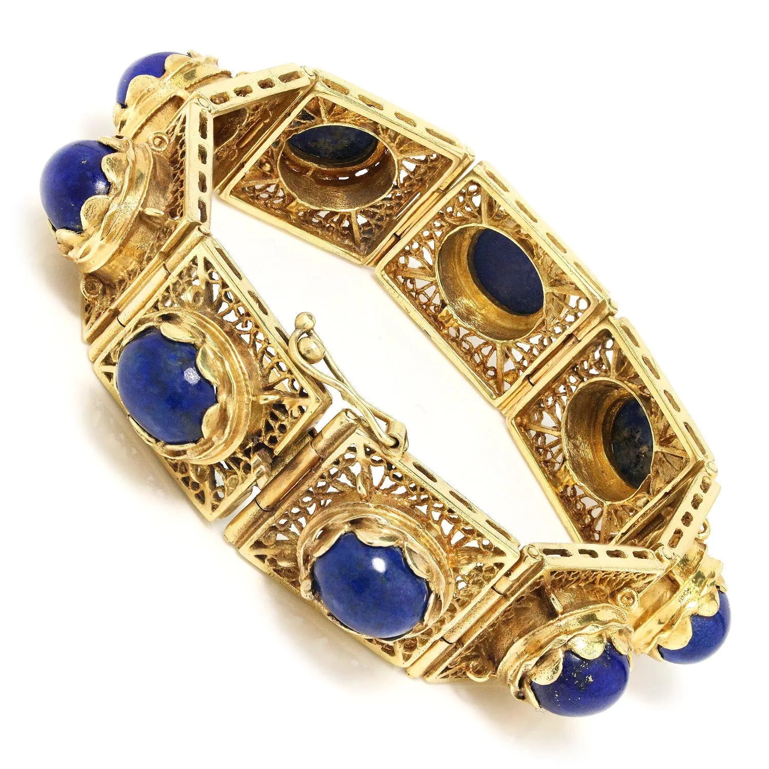 Vintage Lapis Lazuli Filigree Link Bracelet 14K Yellow Gold