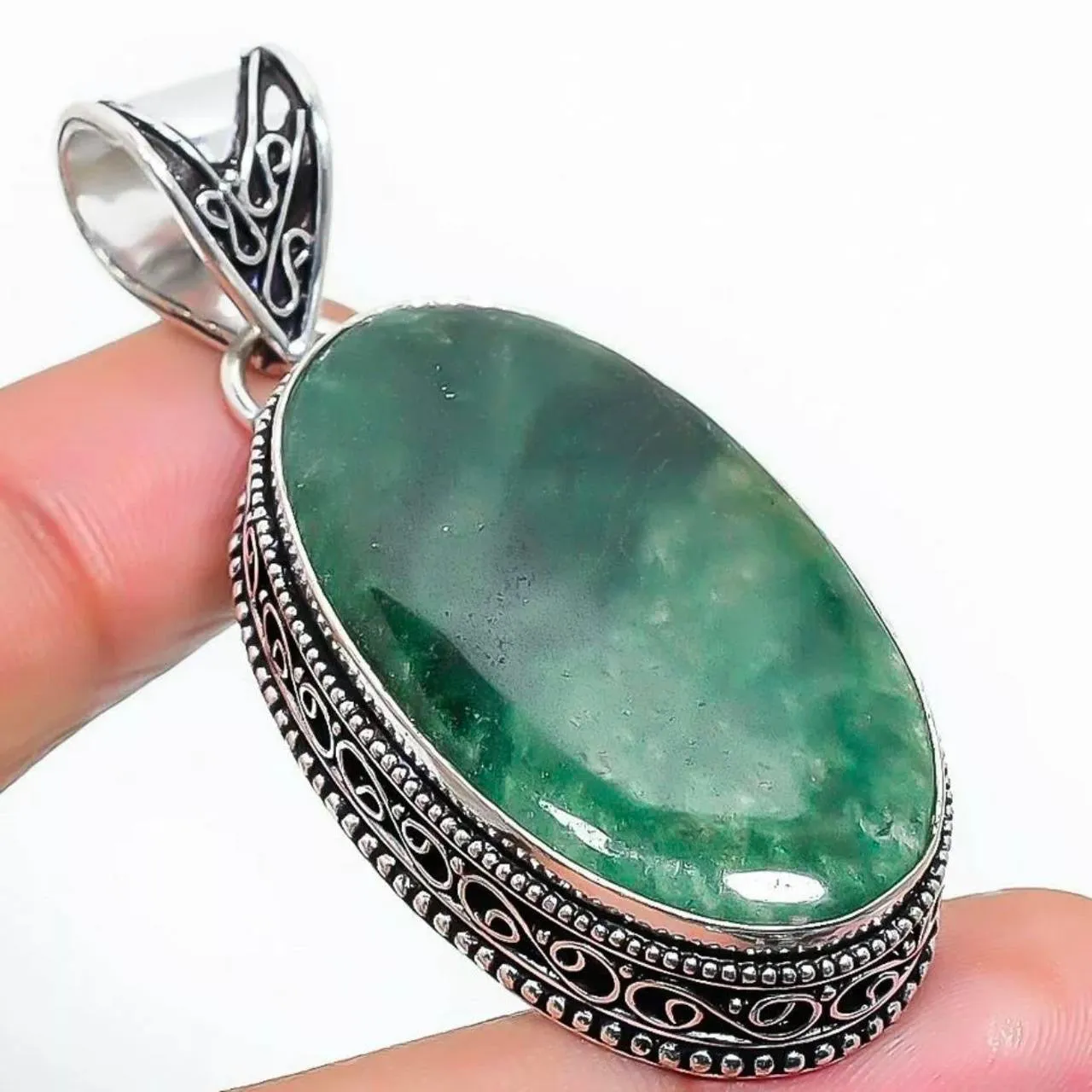 Vintage Look Green  Aventurine  Gemstone 925 Sterling Silver Jewellery Pendant Gift for Her